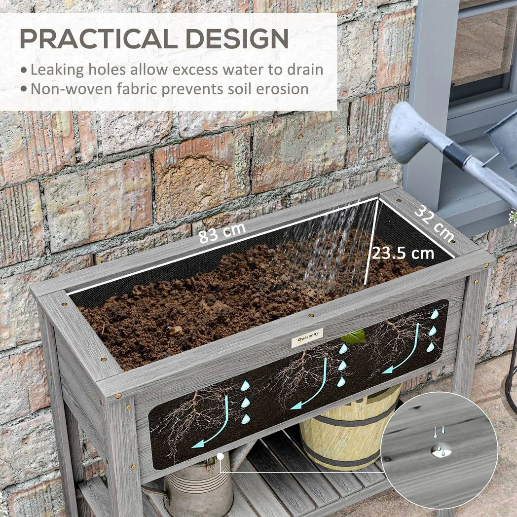 Outsunny Wooden Raised Garden Bed with Storage Shelf & Drainage Holes – 2-Tier Elevated Planter Box, Grey