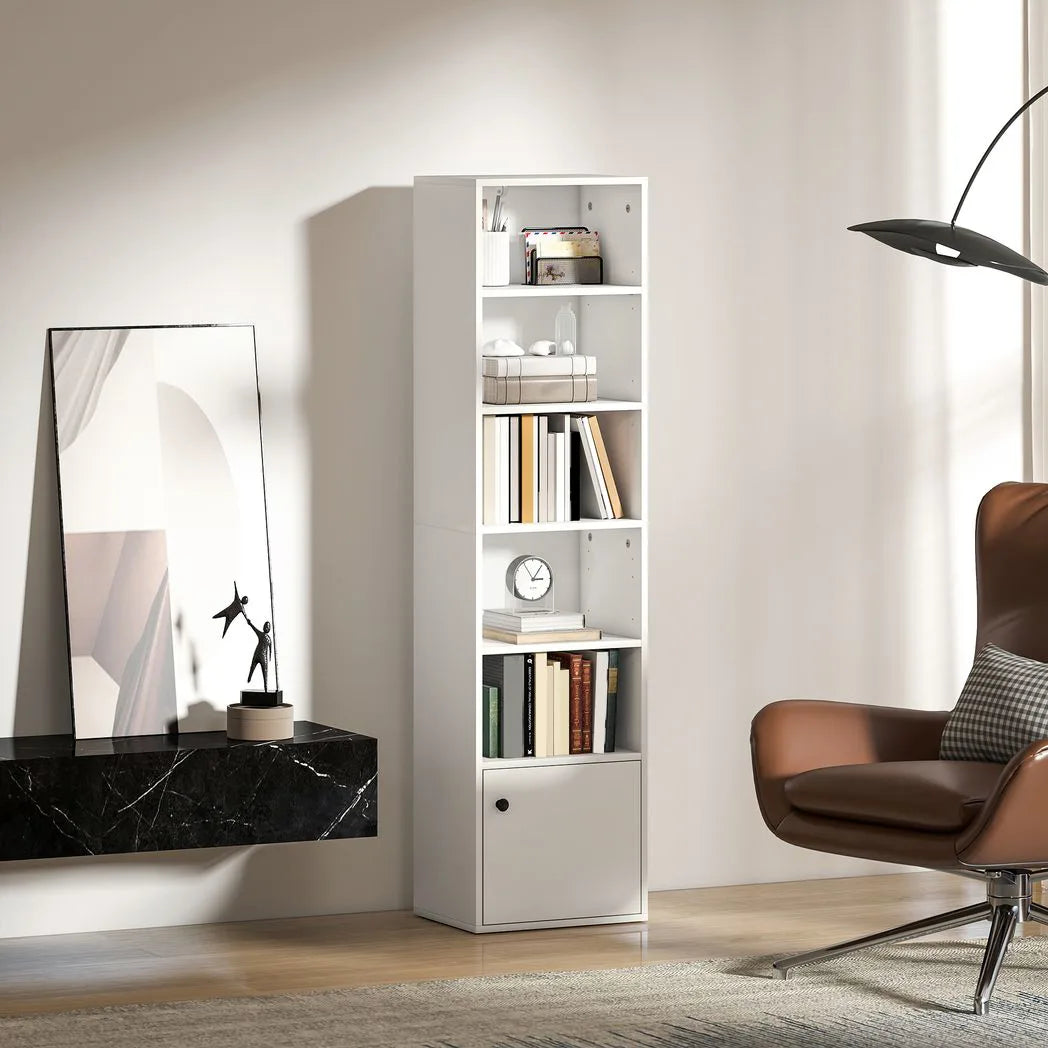 HOMCOM 6-Tier 156cm Tall Bookcase with Cupboard and Adjustable Shelves, Anti-Tipping Kit – White