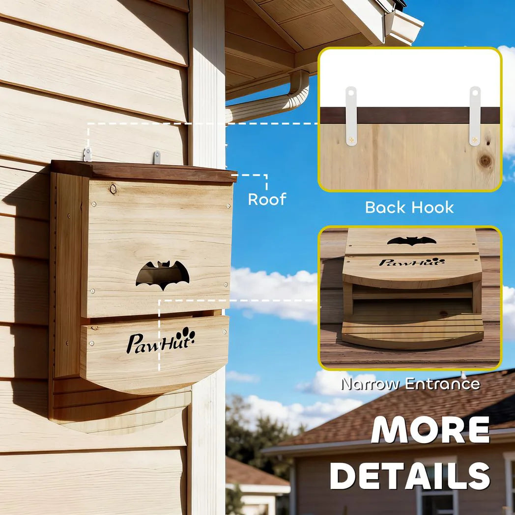 PawHut Bat Boxes, Pack of 3 Wooden Bat Houses with Hanging Hook – Garden Wildlife Roosts, Natural
