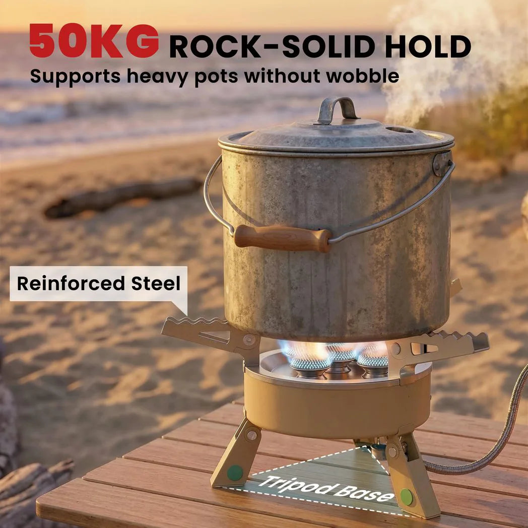 Outsunny 7000W Camping Stove with Piezo Ignition, Carry Bag & 50kg Load Capacity – Foldable Hiking Gas Stove, Khaki