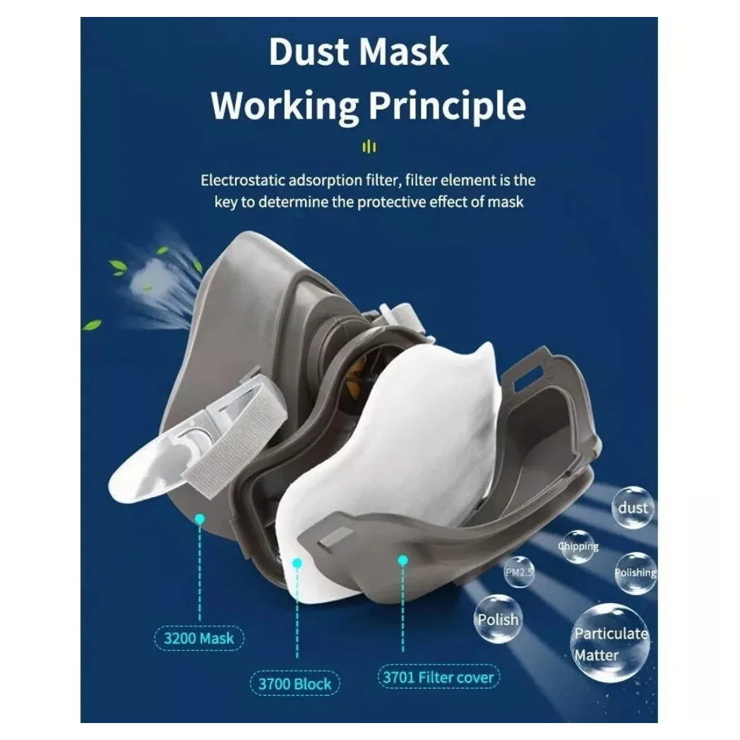 Reusable Half Face Respirator Mask with Safety Goggles and 10 Dust Filter Pads – Model 3200, Grey