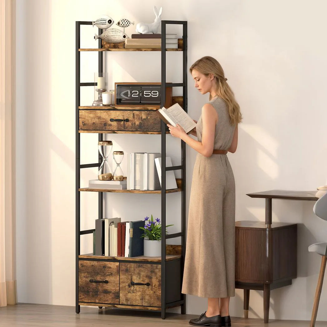 HOMCOM Industrial Bookcase with 4 Open Shelves & 3 Fabric Drawers – Slim 176cm Storage Shelf, Brown/Black