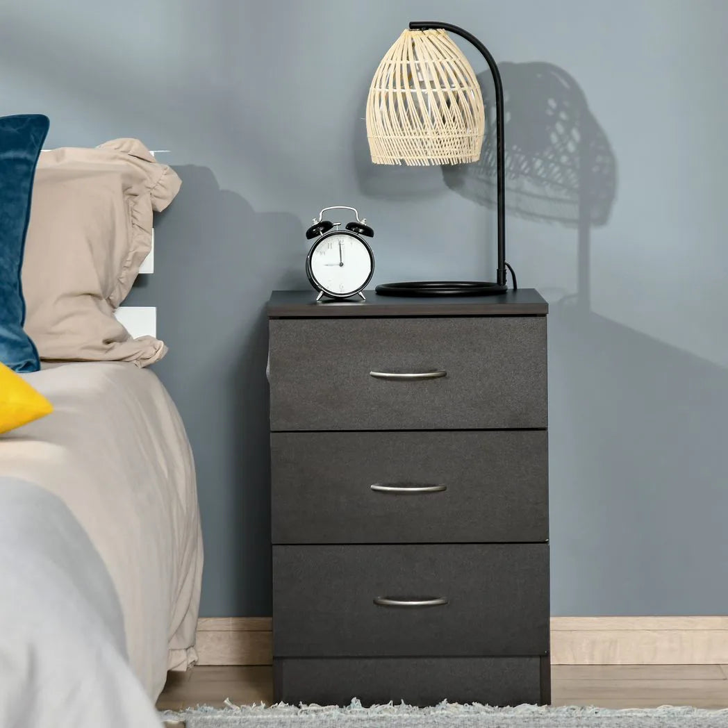 HOMCOM Three-Drawer Bedside Table with Wood-Effect Finish & Non-Slip Feet – Bedroom Nightstand, Black