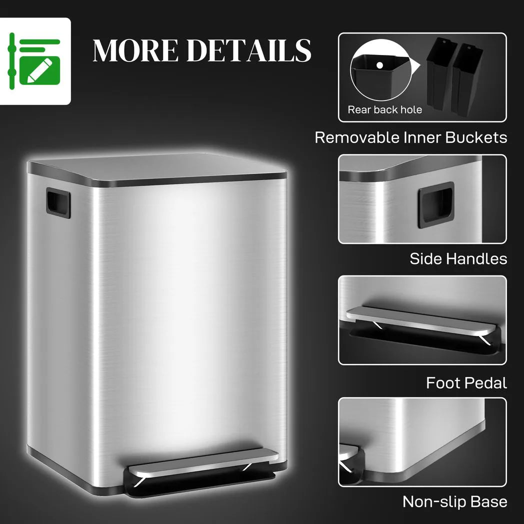 HOMCOM 40L Dual Compartment Pedal Bin with Soft Close Lid, Deodoriser Holders – Stainless Steel Kitchen Bin, Silver Tone