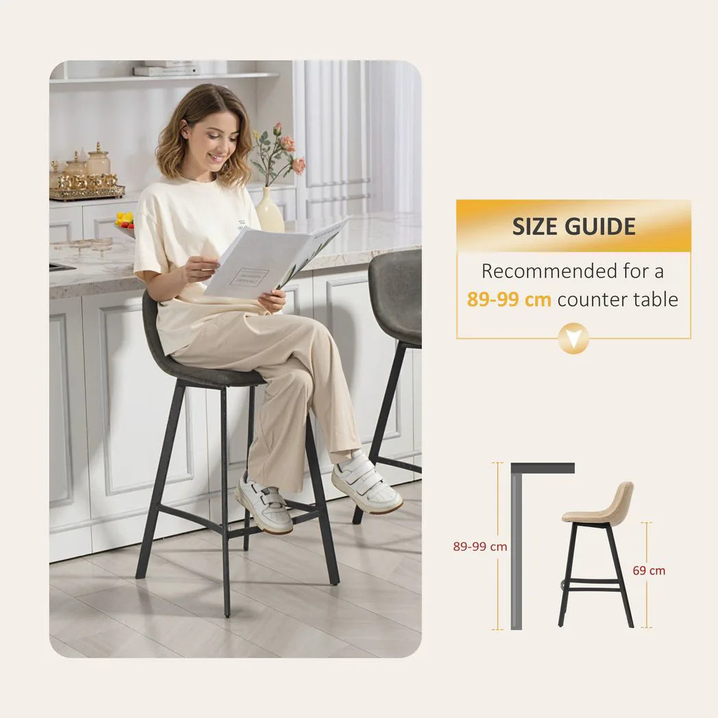 HOMCOM Set of 2 Bar Stools with Backrest & Footrest – PU Leather Kitchen Counter Breakfast Bar Stools, Grey