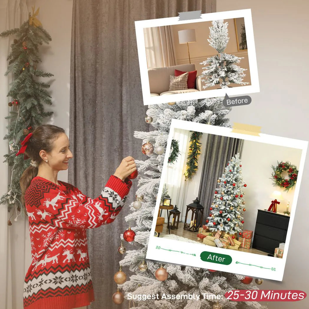 HOMCOM 7ft Flocked Artificial Christmas Tree with 972 Branches – Slim Snowy Tree, Flame-Retardant