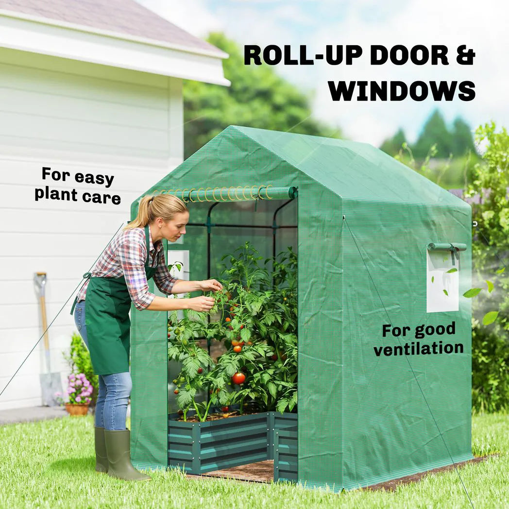 Outsunny Walk-In Greenhouse with Galvanised Raised Bed & Roll-Up Windows, 141 x 141 x 190 cm, Green