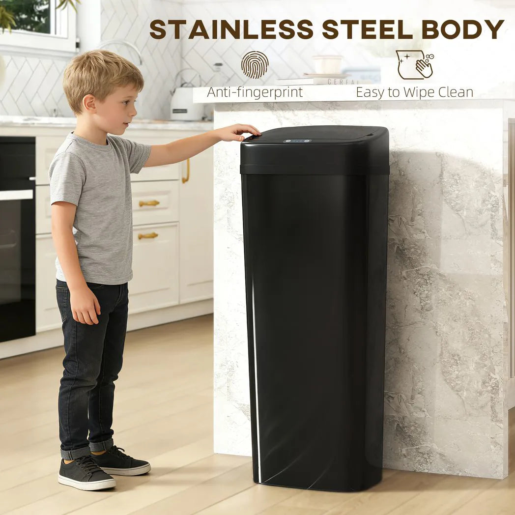 HOMCOM 50L Stainless Steel Sensor Bin with Slim Design and Bag-Fixing Ring – Touchless Kitchen Bin, Black