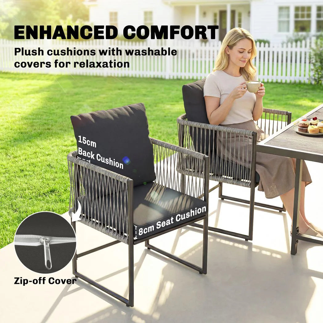 Outsunny 4-Seater Rattan Garden Dining Set – 108cm Wood-Effect Table and Space-Saving Chairs with Thick Cushions, Black