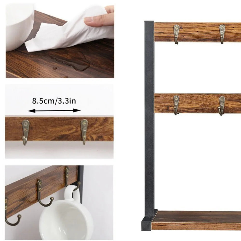 Tabletop 2-Tier Wooden Mug Rack with 16 Hooks – Industrial Farmhouse Coffee Mug Holder, Carbonised Wood