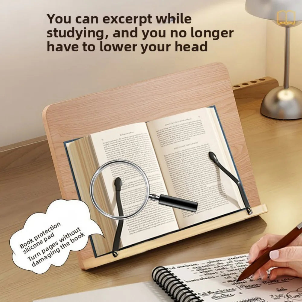 Adjustable Wooden Book Stand with Page Clips – Foldable Reading Rest for Cookbooks, Recipes & Music Scores
