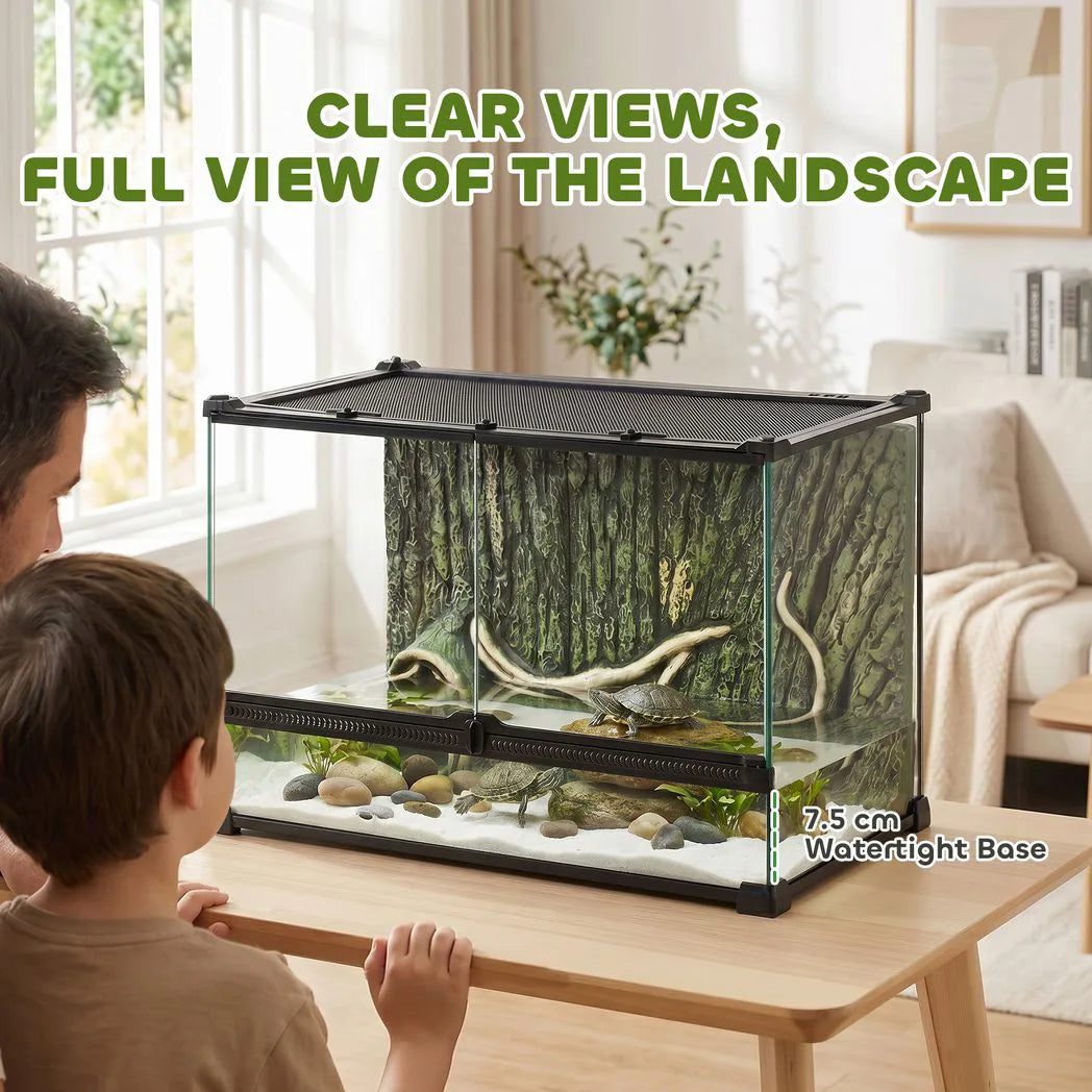 PawHut Reptile Glass Terrarium with Stone Background, Front Ventilation and Knob Lock, 50 x 30 x 35 cm, Black