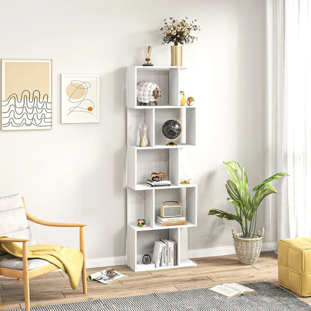 HOMCOM S-Shaped 5-Tier Bookcase, Freestanding Wooden Bookshelf – Home Office Display Storage Rack, White
