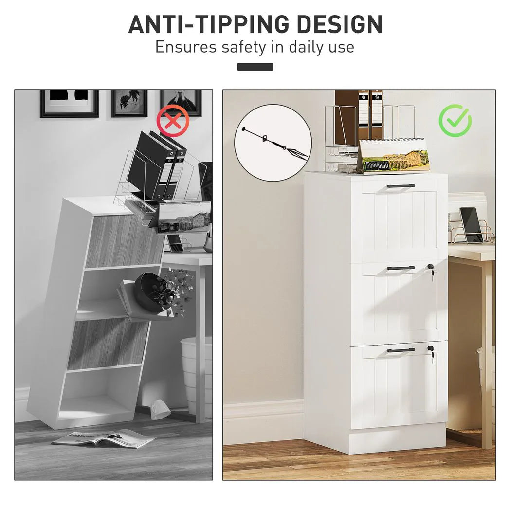 HOMCOM 3 Drawer Filing Cabinet with Lock – Office Storage with Adjustable Hanging Bars for A4 & Letter Files, White