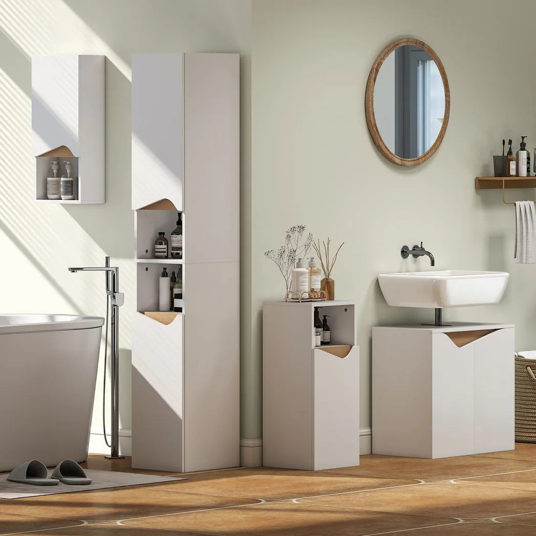HOMCOM Tall Slim Bathroom Cabinet with 2 Doors and 2 Shelves – Space-Saving Storage, White and Natural Wood