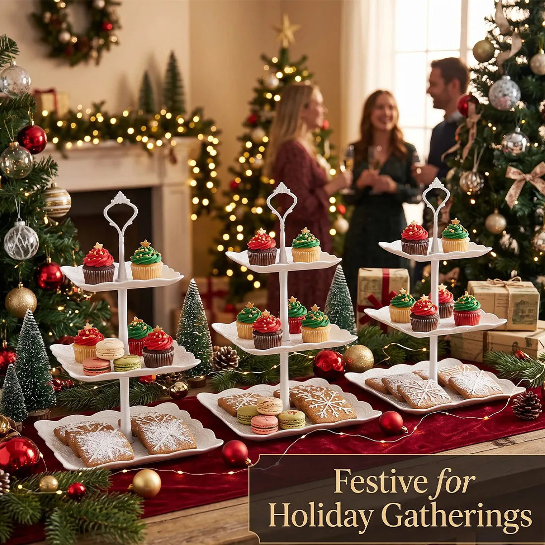3-Piece 3-Tier Square Cake Stand Set – Afternoon Tea Serving Trays with Carry Loop, Embossed Tableware, White
