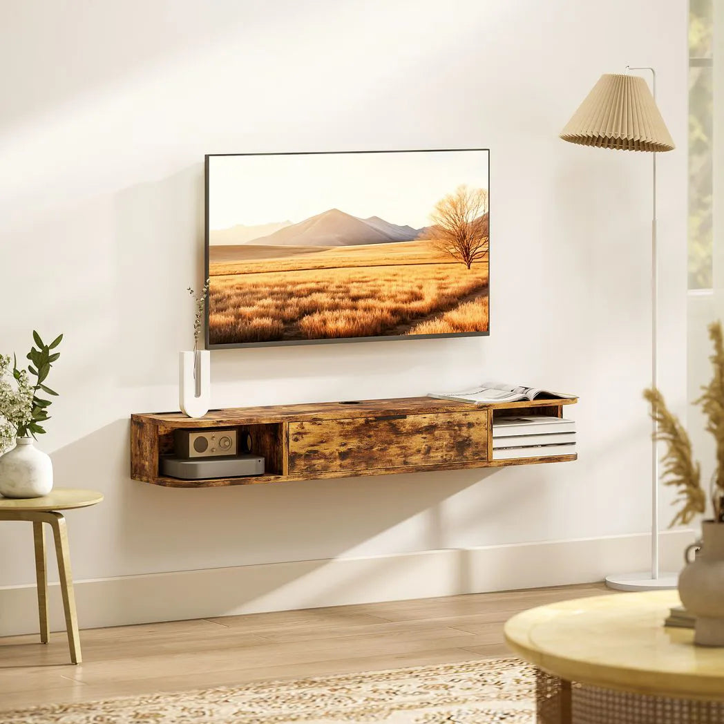 HOMCOM 120 cm Floating TV Unit for TVs up to 50 Inch with Flip Drawer and Open Shelves – Rustic Brown