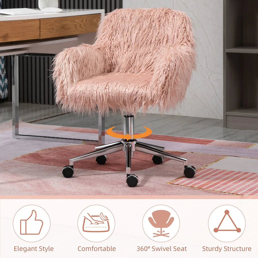 Vinsetto Faux Fur Swivel Desk Chair with Armrests, Adjustable Height – Makeup Chair for Bedroom, Pink
