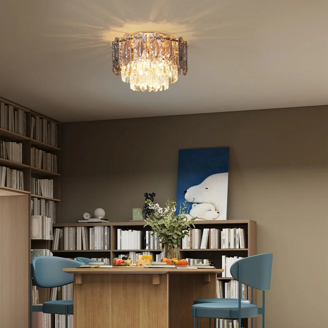 HOMCOM 3-Light Flush Mount Chandelier with Crystal and Smoke Glass – 40 cm Gold Ceiling Light