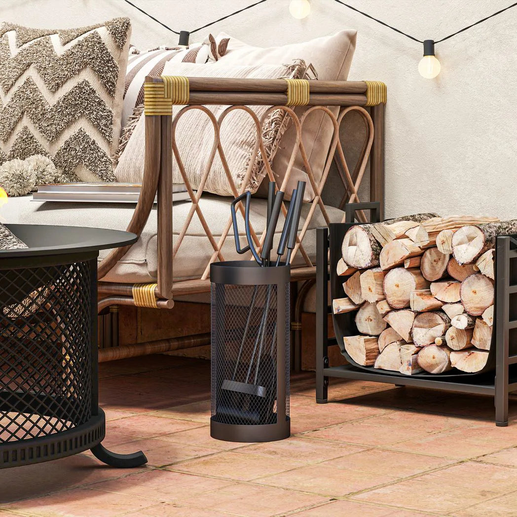 Outsunny 5-Piece Fireplace Tools Set with Mesh Basket – Indoor Outdoor Fireside Accessories, Black