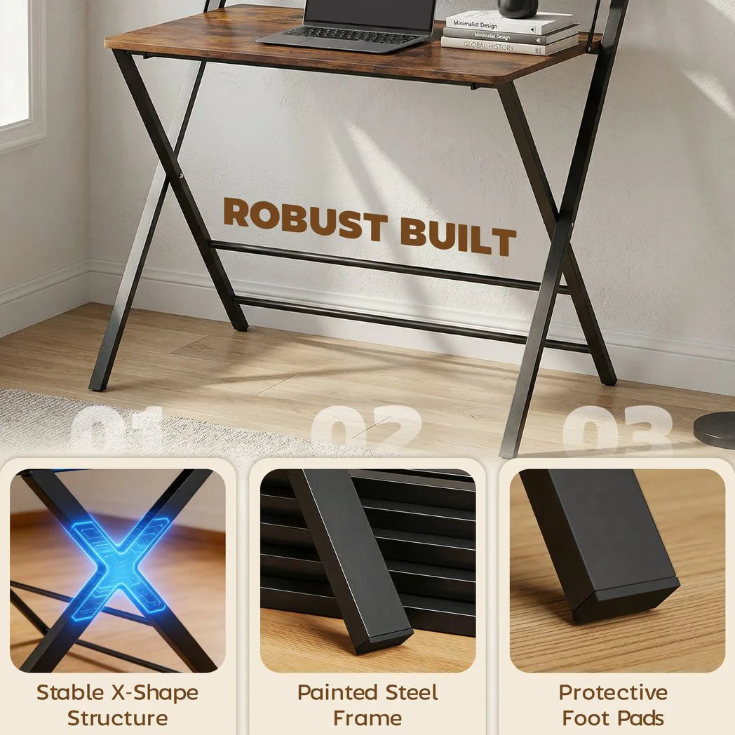 HOMCOM Compact Folding Desk with Storage Shelf – Space-Saving Home Office Study Table, Rustic Brown