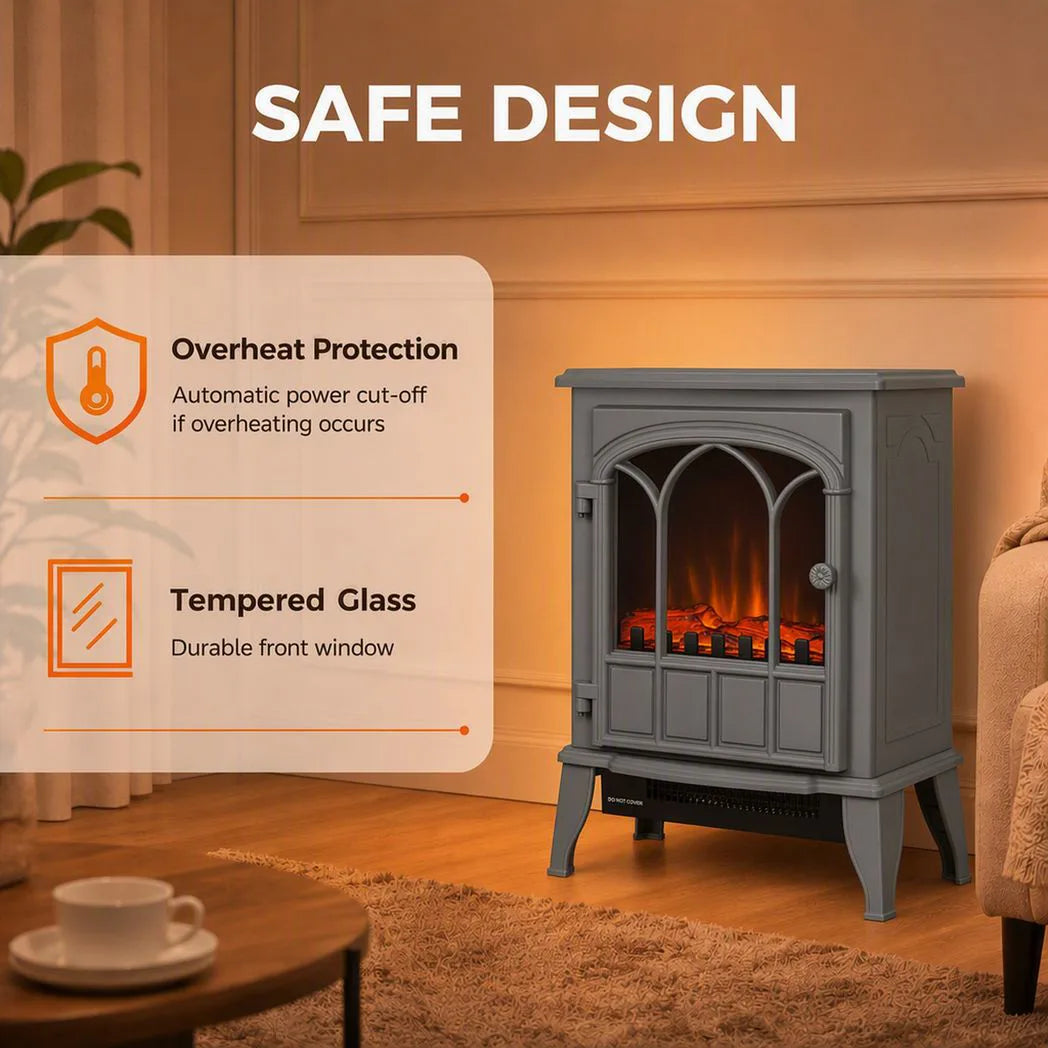 HOMCOM Freestanding Electric Fireplace with LED Flame, 1000W/2000W Log Burner and Overheat Safety, Grey