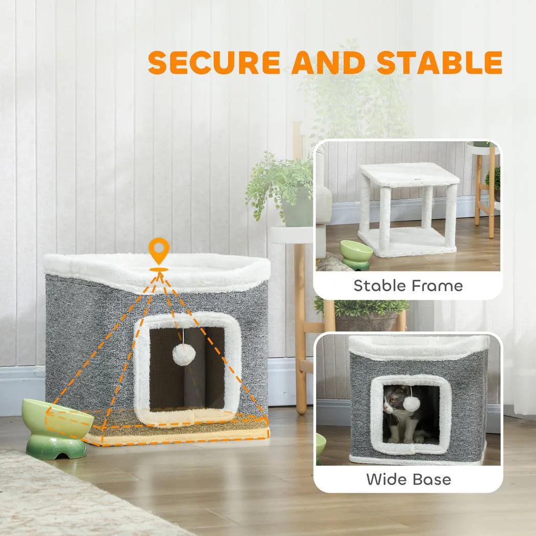 PawHut 2-Level Cat House with Top Bed and Fluffy Balls – Cosy Indoor Cat Cave for Kittens, Grey