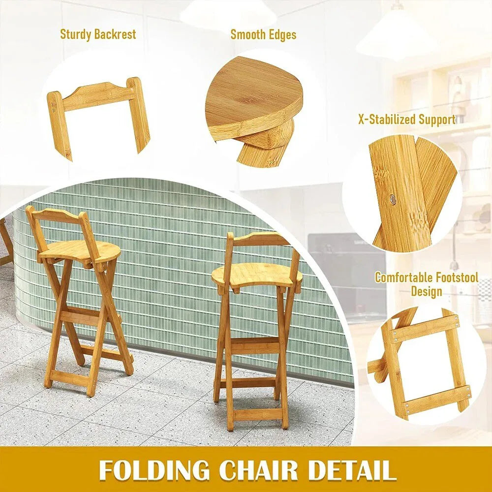 Foldable Bamboo Bar Stool with Backrest – Counter Height Kitchen Stool, Space-Saving Folding Design