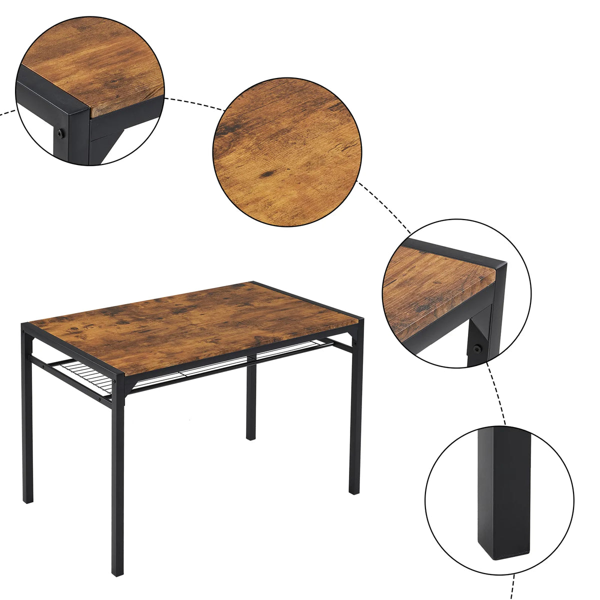 Rustic Brown 4 Piece Dining Table Set with 2 Chairs and Bench – Space-Saving Kitchen Table, Storage Shelves