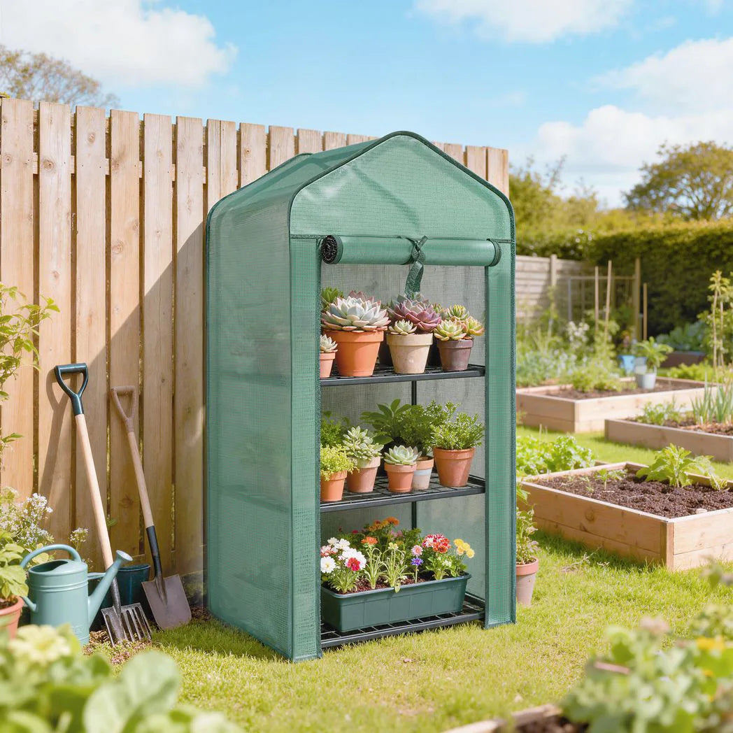 Outsunny Three-Tier Mini Greenhouse with Steel Frame, PE Cover & Roll-Up Door – Portable, Green