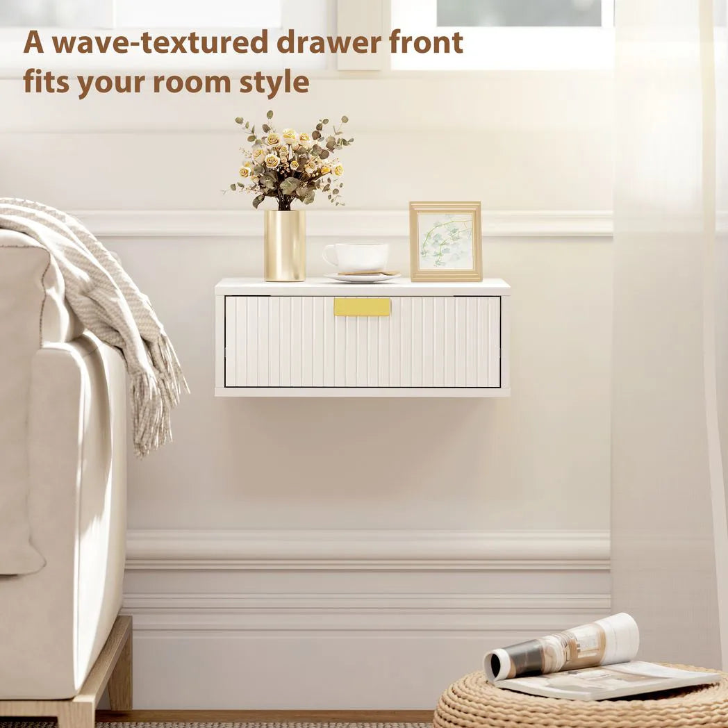 HOMCOM Floating Bedside Tables, Set of 2 Wall Mounted Nightstands with Wave Drawer, White