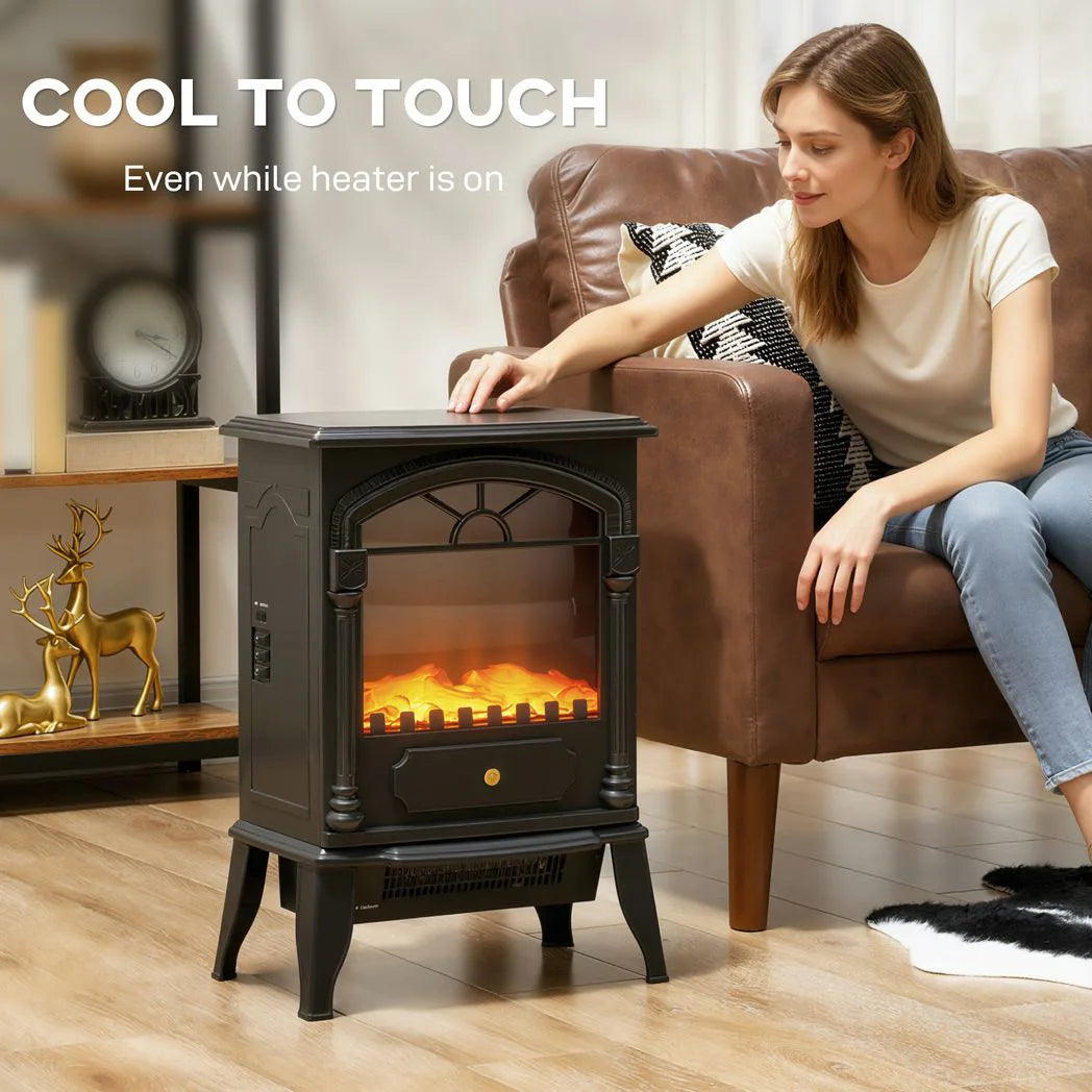 HOMCOM Freestanding Electric Fireplace Stove Heater with 3D Flame Effect, 1000W/2000W – Black