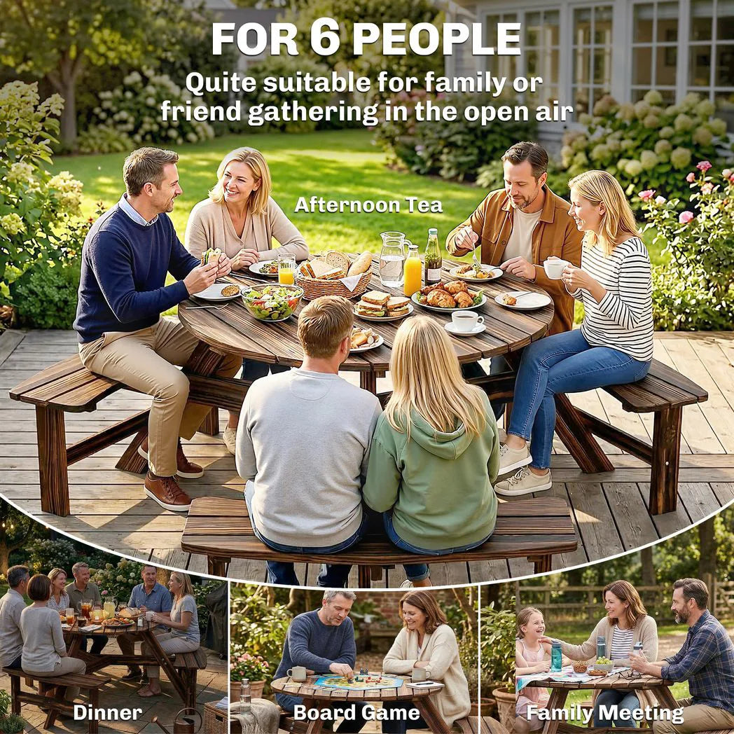 Outsunny 6 Seater Wooden Round Picnic Table with Matching Benches & Parasol Hole, Carbonised Finish