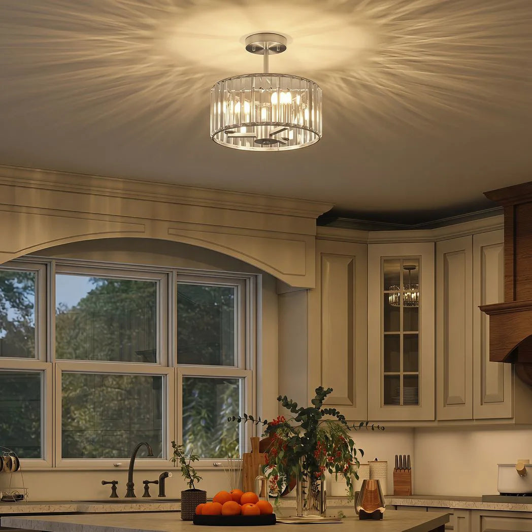 HOMCOM Semi Flush Modern Crystal Chandelier Ceiling Light with E14 Base – Silver Tone