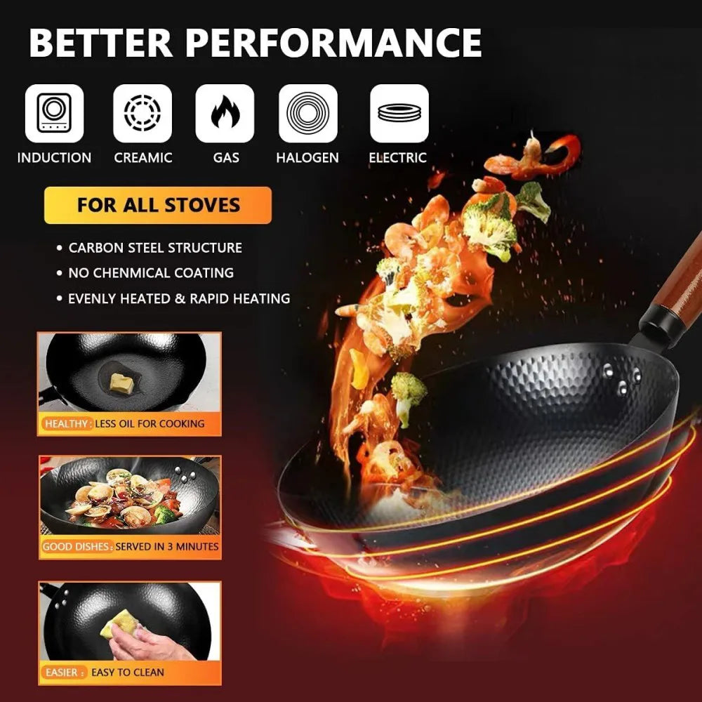 32cm Pure Iron Wok with Wooden Lid – Uncoated Cast Iron Stir-Fry Pan for Gas and Induction Hobs