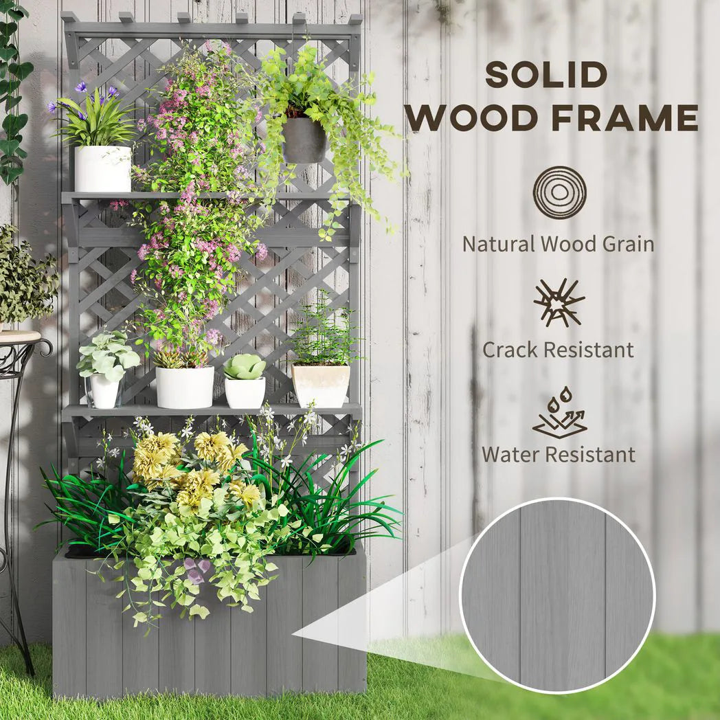 Outsunny 52L Wooden Planter with 146.5cm Trellis and Two Shelves – Raised Garden Bed for Climbers, Grey