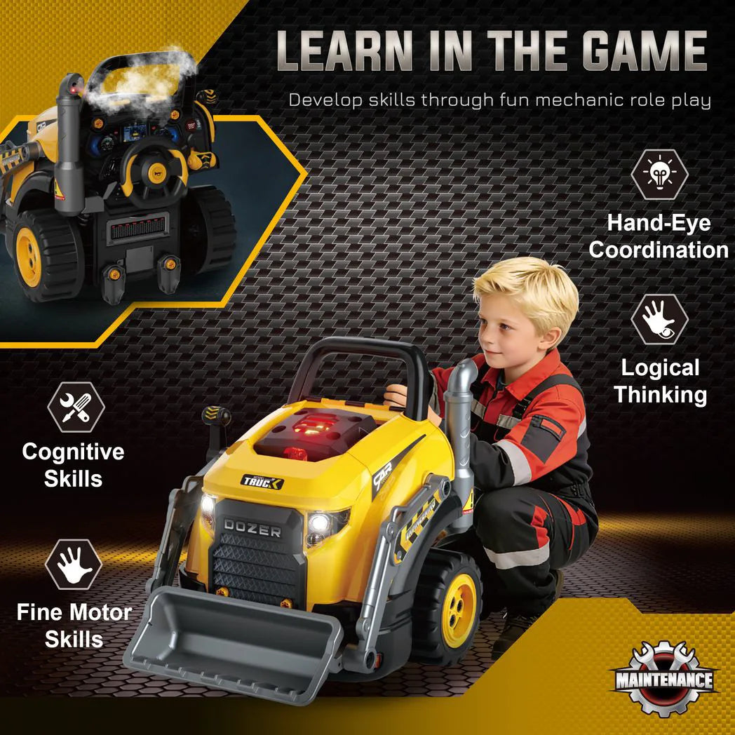 AIYAPLAY Kids Truck Engine Toy with Steering Wheel, Mist Spray, Lights & Sounds – Mechanic Play Set, Yellow