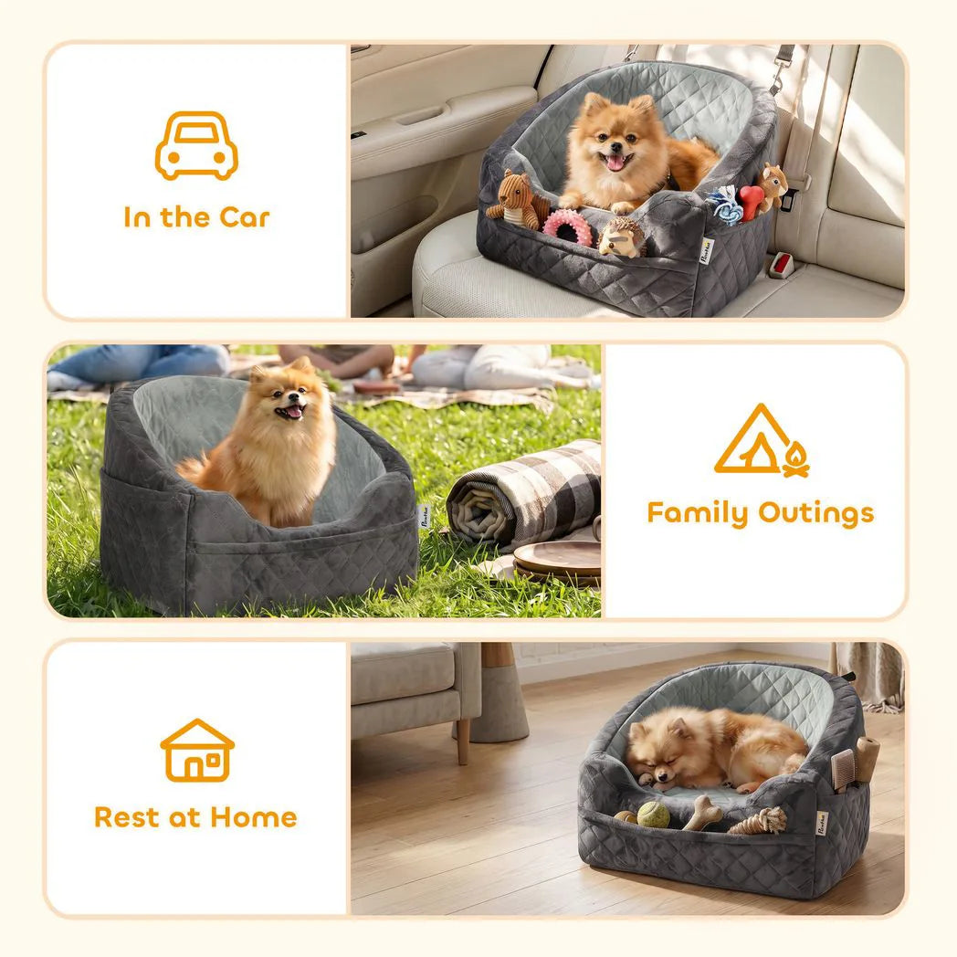 PawHut Dog Car Booster Seat with Thick Cushion, Seat Belt and Pockets – Small Dogs Under 10 kg, Grey