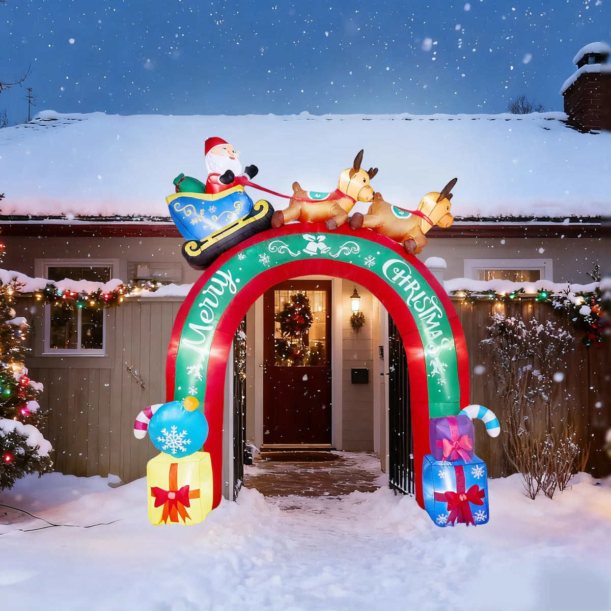 10ft Inflatable Christmas Archway with Santa's Sleigh and Warm White LEDs – Outdoor Decoration
