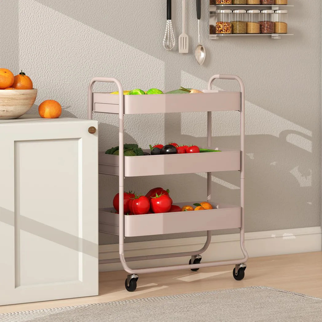 HOMCOM 3-Tier Storage Trolley on Wheels with Mesh Baskets – Rolling Utility Cart for Home, Light Pink