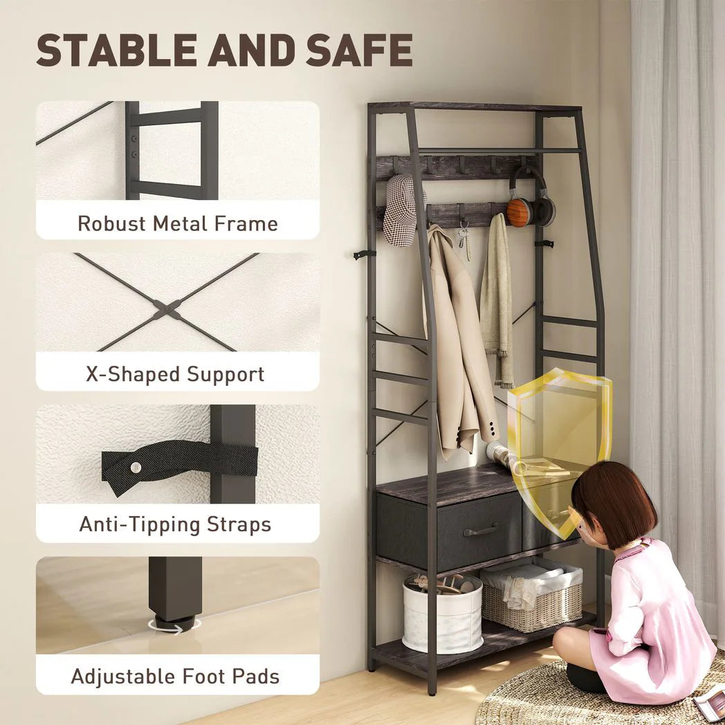HOMCOM Industrial Hall Tree Coat Rack with Shoe Bench, 10 Removable Hooks, 2 Fabric Drawers and Clothes Rail – Grey