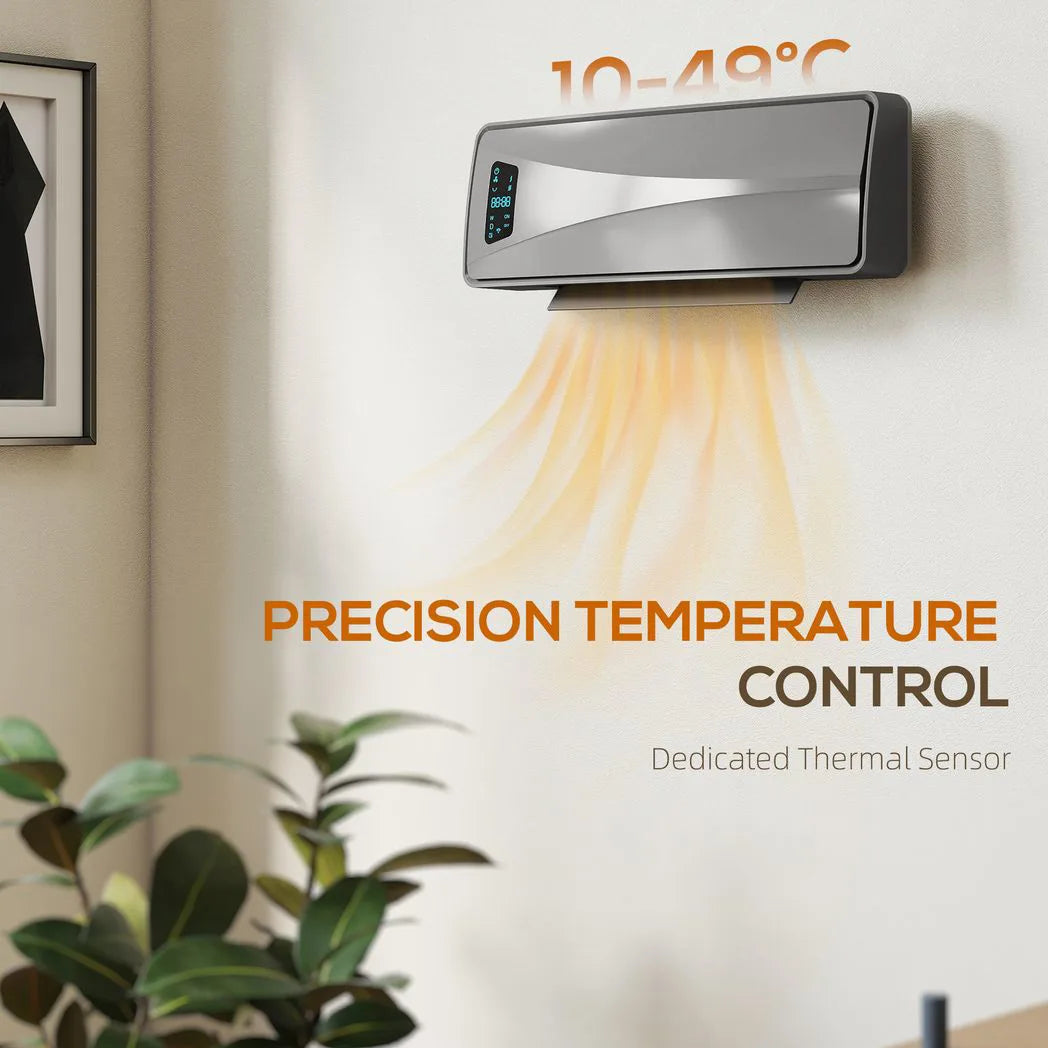 HOMCOM 2000W Wall-Mounted Ceramic Electric Heater with Oscillating Fan, Thermostat and Remote – Timer Room Heater, Grey
