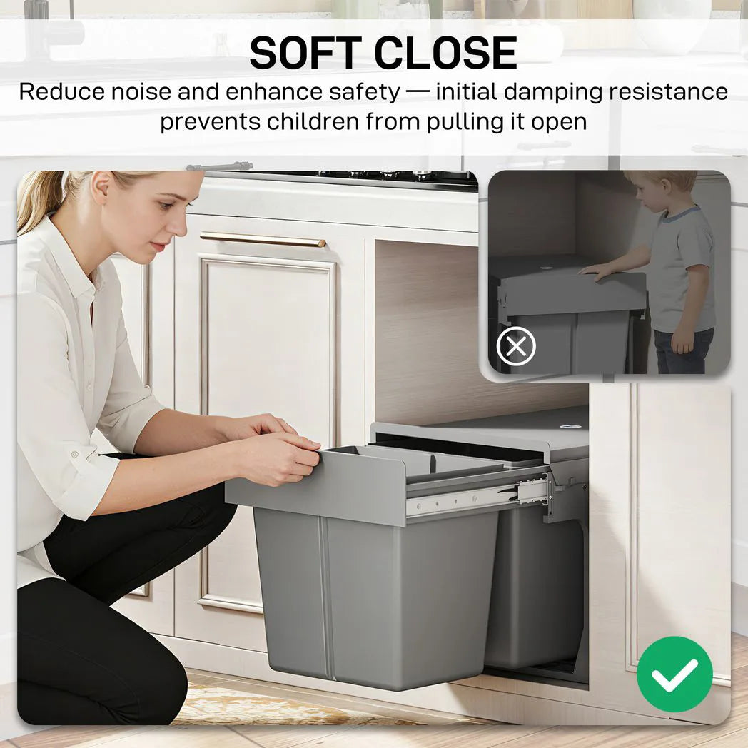 HOMCOM Under Sink Pull Out Bin with 2 x 15L Removable Compartments – Soft-Close Waste Bin, Light Grey