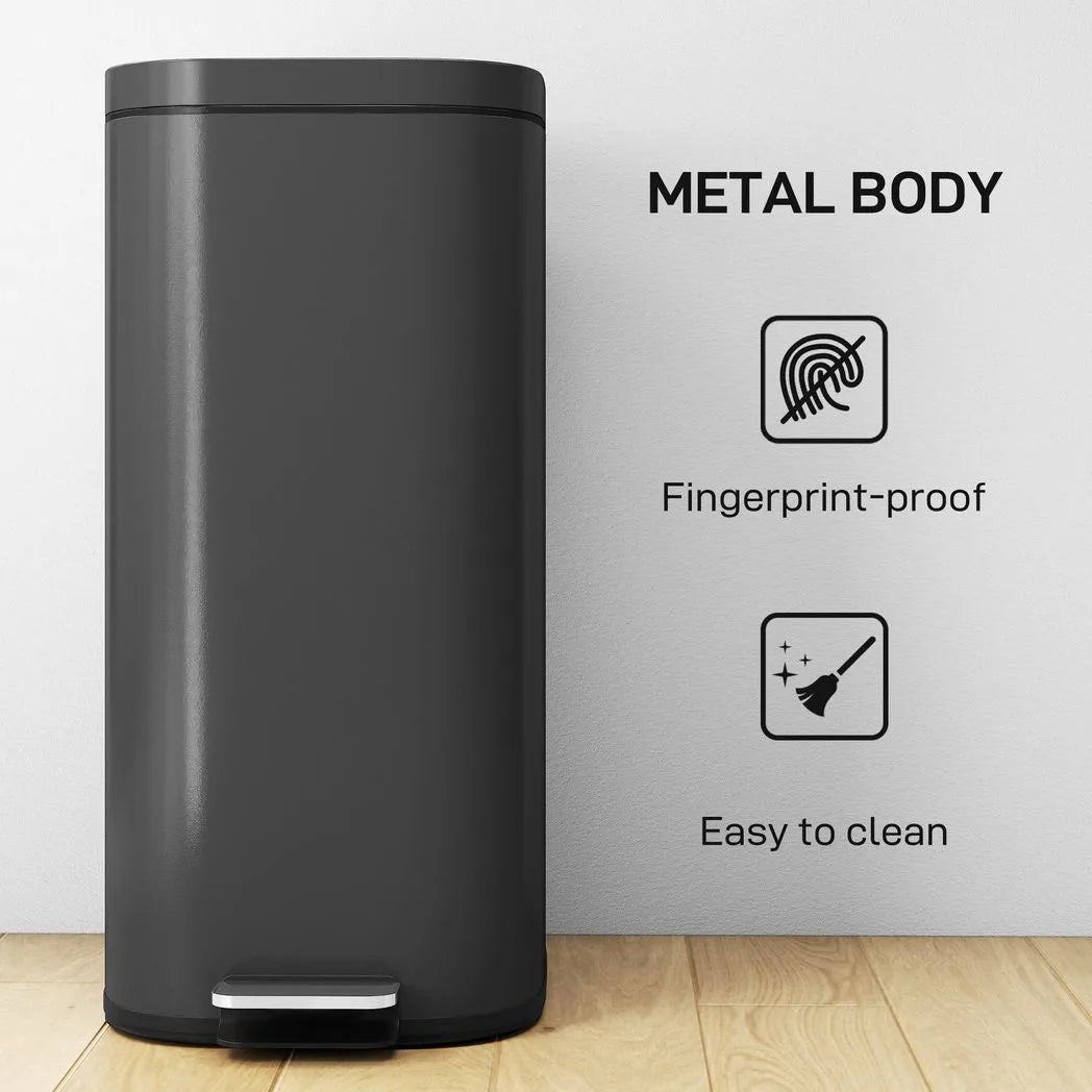 HOMCOM 30L Compact Kitchen Pedal Bin with Soft-Close and Stay-Open Lid – Removable Bucket, Black