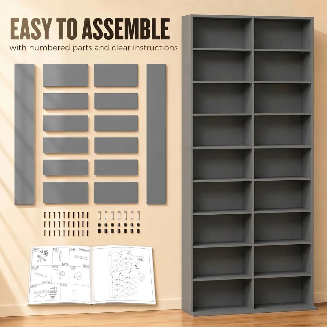 HOMCOM 640 CD Storage Tower with 14 Adjustable Shelves – Tall Narrow DVD and Media Rack, Grey