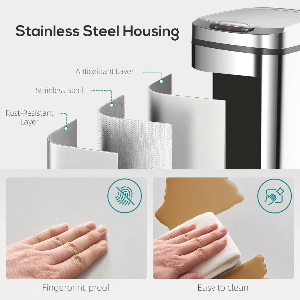 HOMCOM 12L Automatic Sensor Bin with Fingerprint-Resistant Stainless Steel – Touchless Kitchen Bin, Silver