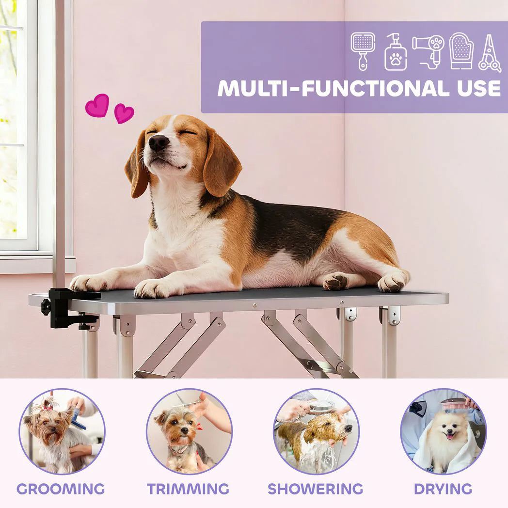 PawHut 32" Foldable Dog Grooming Table with Adjustable Arm & Non-Slip Rubber Top – Pet Drying Table, Black