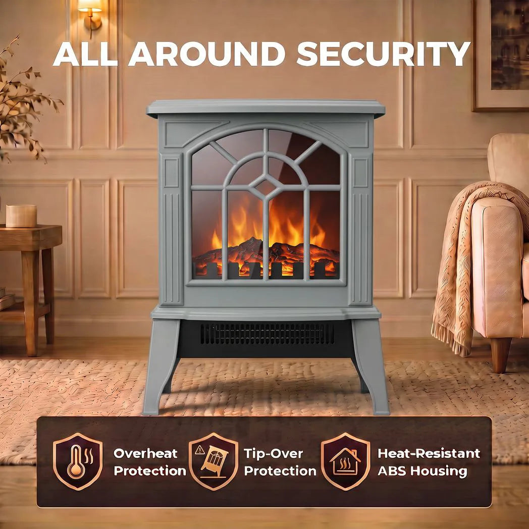 HOMCOM Freestanding Electric Log Burner with LED Flame Effect, 1000W/2000W, Tip-Over Safety – Grey