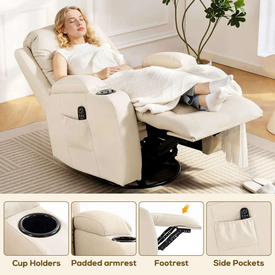 HOMCOM PU Leather Massage Recliner with Extended Footrest, Cup Holders and Side Pockets – Swivel Rocker, Cream