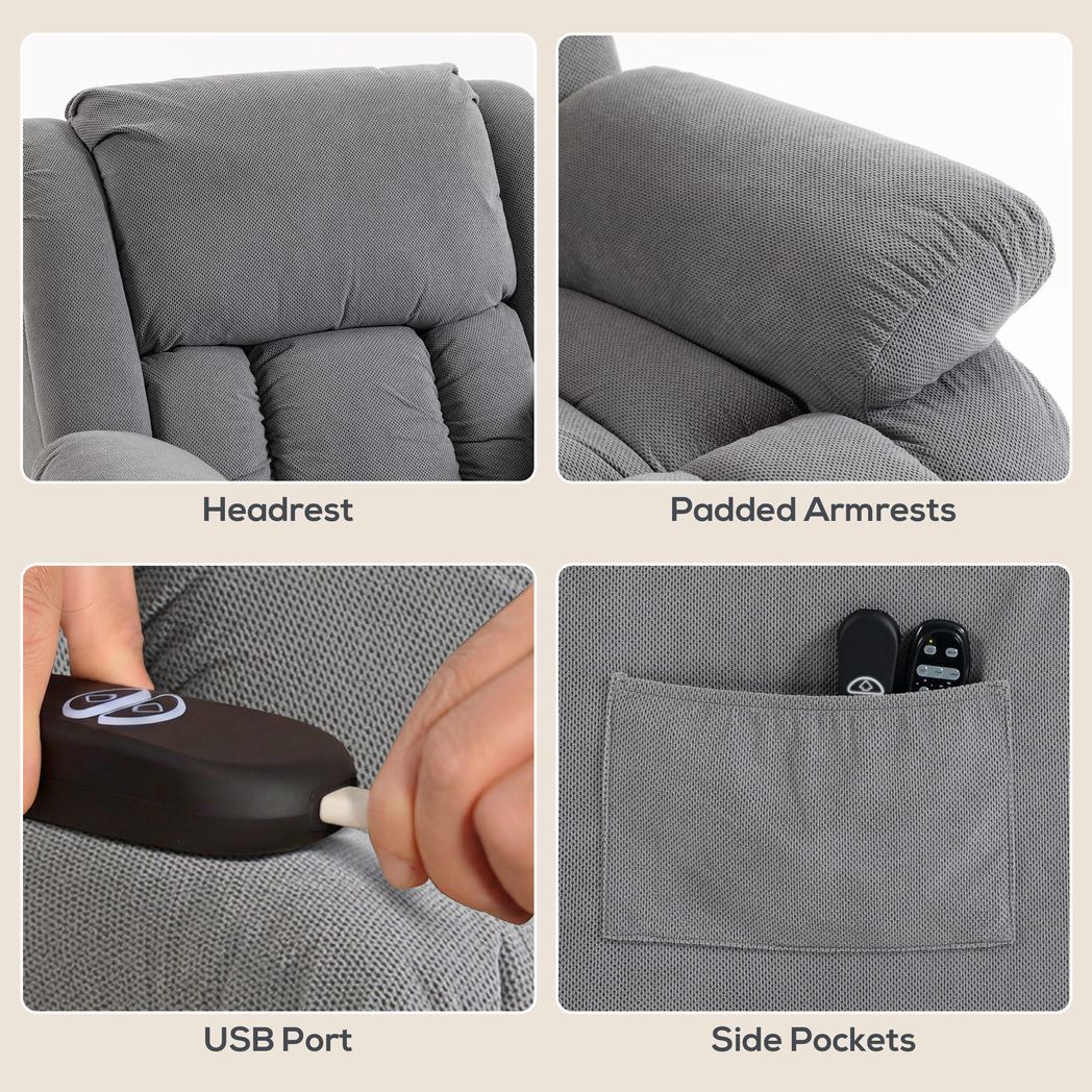 HOMCOM Electric Lift Recliner Chair with Vibration Massage, Heat and USB Port – Wide Seat, Light Grey